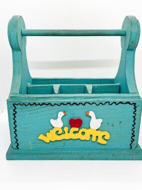 Vintage 80's Wood Duck Goose Geese Basket Cottagecore Farm Country Welcome